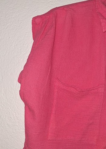 Pembe Keten Kadın Kısa Kollu crop Gömlek - Görsel 3