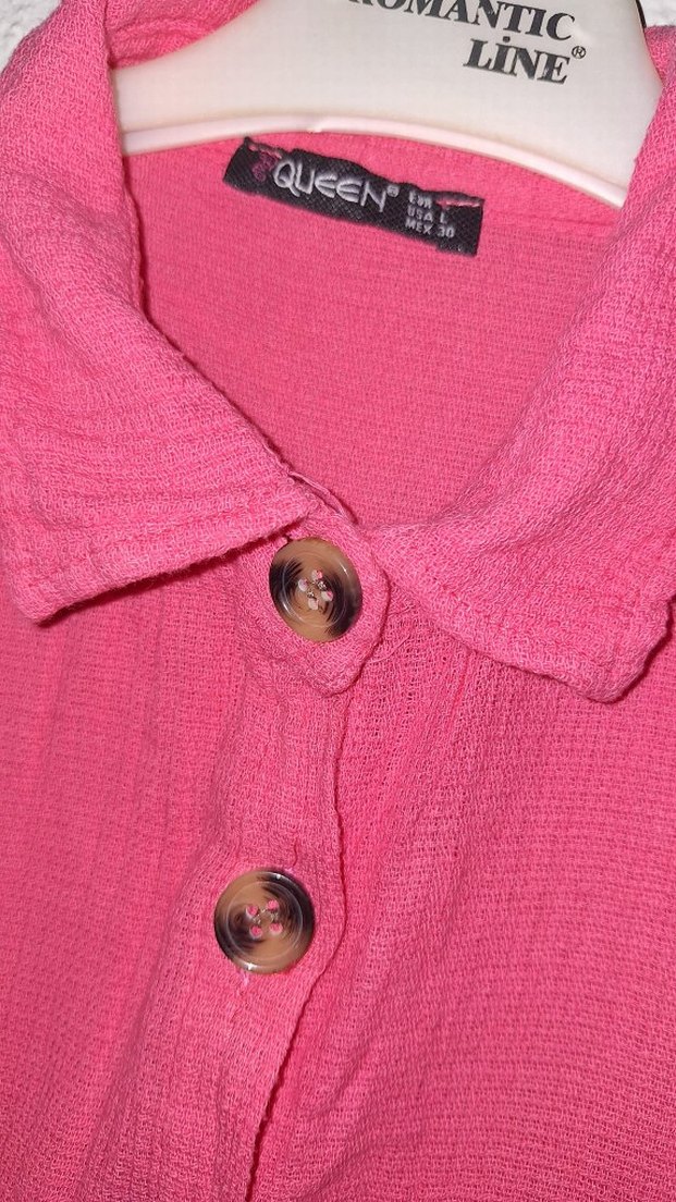 Pembe Keten Kadın Kısa Kollu crop Gömlek - Görsel 2