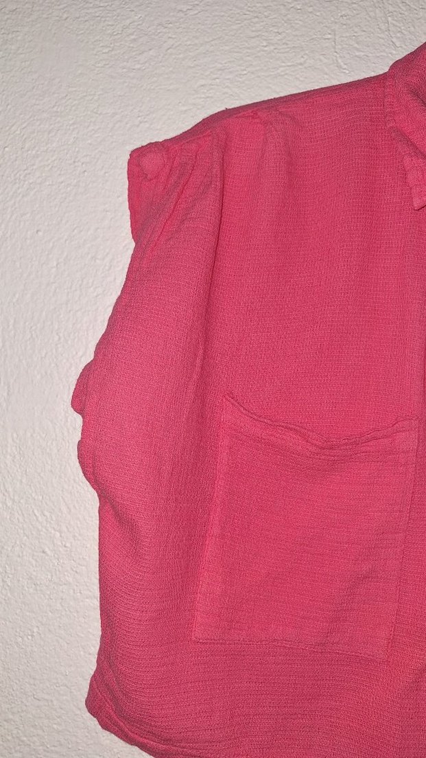 Pembe Keten Kadın Kısa Kollu crop Gömlek - Görsel 3