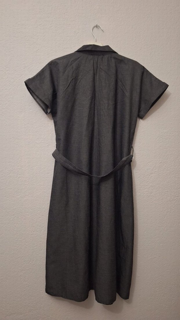 Gri Keten Uzun Düğmeli Kadın Elbise - Görsel 2