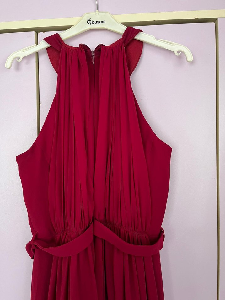 Bordo Uzun Drapeli Abiye Elbise - Görsel 3