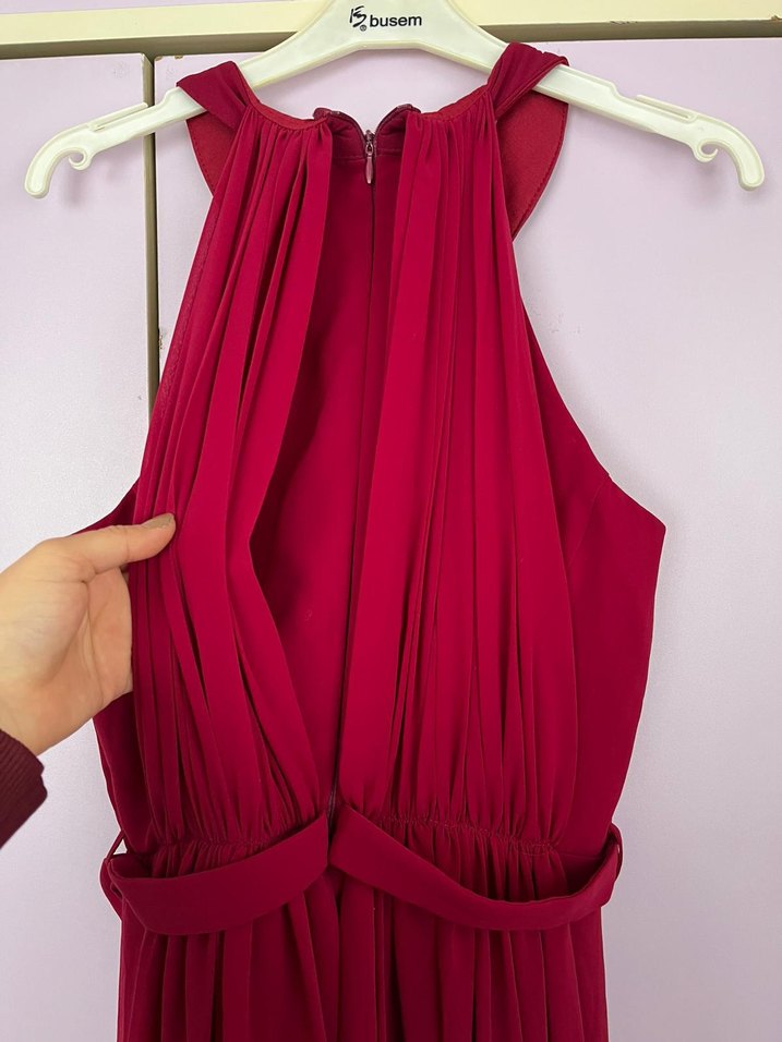 Bordo Uzun Drapeli Abiye Elbise - Görsel 4