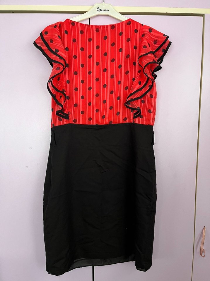 Kırmızı Volanlı Mini Kalem Elbise - Görsel 2