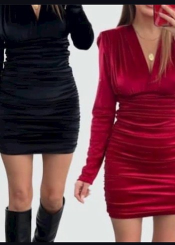 Kırmızı V Yaka Drapeli Midi Kadın Elbise - Görsel 4