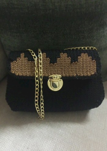 Siyah Nakışlı Kanvas Örgü Kadın Çanta - Görsel 2