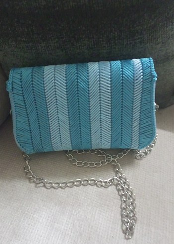 Mavi Zincir Detaylı Kanvas Örgü Kadın Çanta - Görsel 4