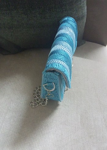 Mavi Zincir Detaylı Kanvas Örgü Kadın Çanta - Görsel 3