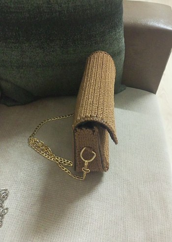 Zincir Detaylı Kahverengi Kanvas Örgü Kadın Çanta - Görsel 3