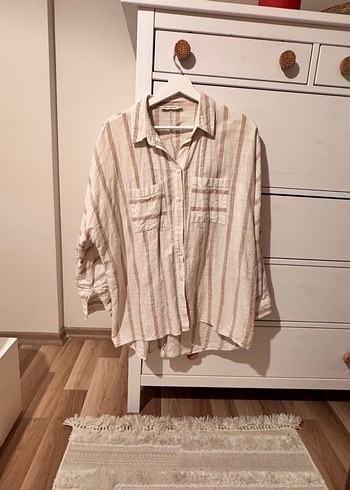Bej Çizgili %100 pamuk Kadın Gömlek - Görsel 2