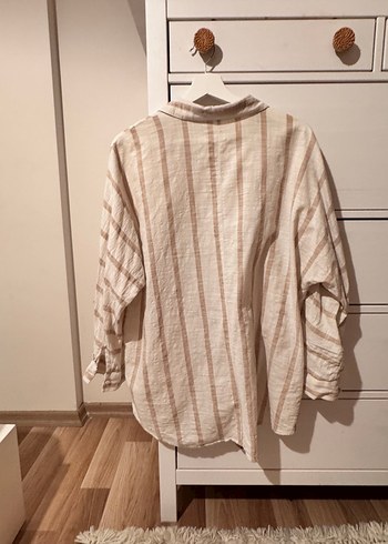 Bej Çizgili %100 pamuk Kadın Gömlek - Görsel 3