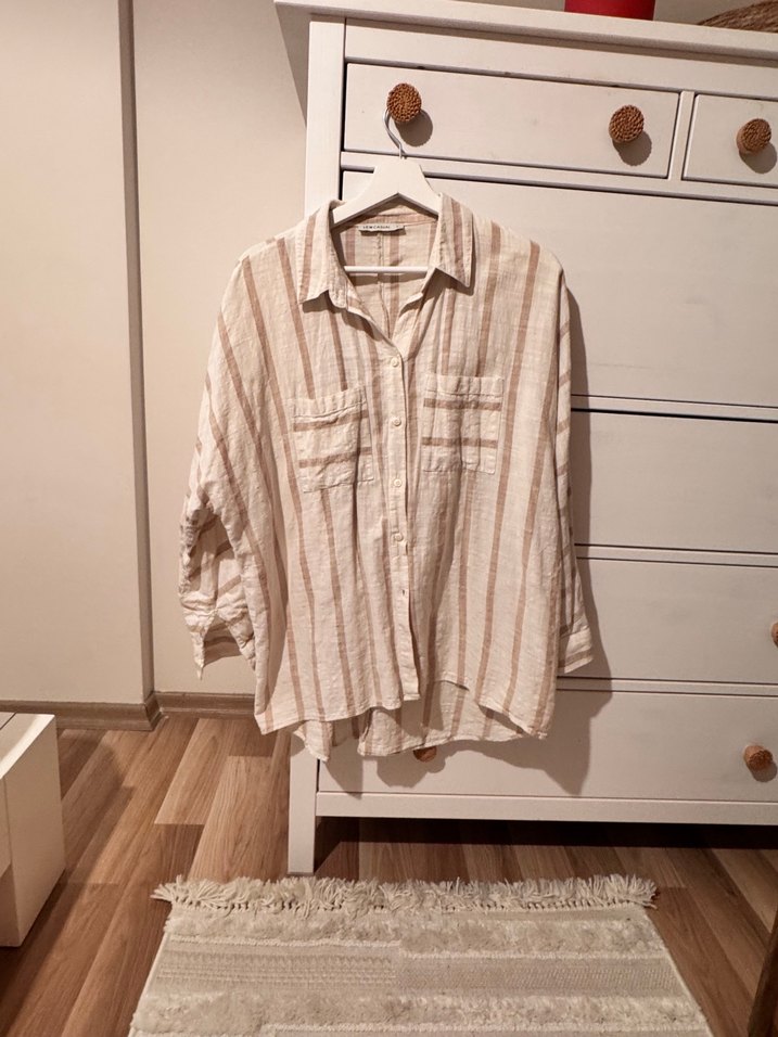 Bej Çizgili %100 pamuk Kadın Gömlek - Görsel 2