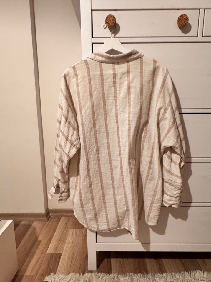 Bej Çizgili %100 pamuk Kadın Gömlek - Görsel 3