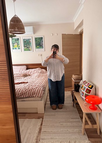 Düğmeli Mavi Beyaz Çizgili %100 Pamuk Gömlek - Görsel 2