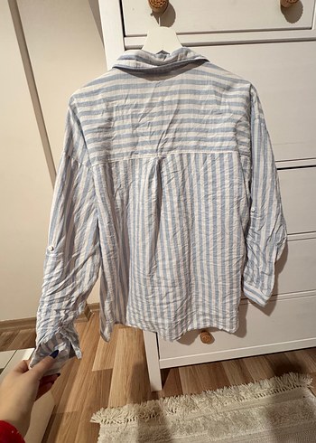 Düğmeli Mavi Beyaz Çizgili %100 Pamuk Gömlek - Görsel 5