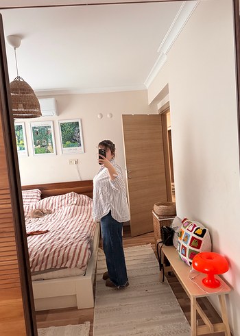 Düğmeli Mavi Beyaz Çizgili %100 Pamuk Gömlek - Görsel 6