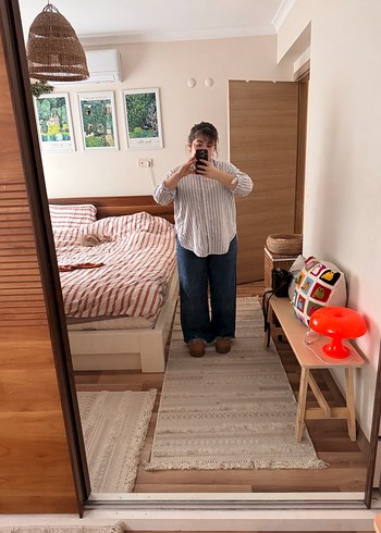 Düğmeli Mavi Beyaz Çizgili %100 Pamuk Gömlek - Görsel 7