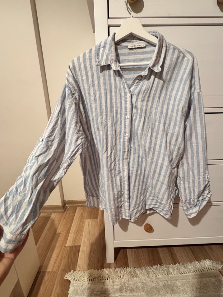 Düğmeli Mavi Beyaz Çizgili %100 Pamuk Gömlek - Görsel 3