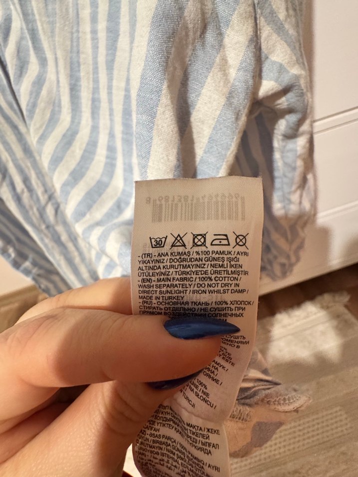 Düğmeli Mavi Beyaz Çizgili %100 Pamuk Gömlek - Görsel 4