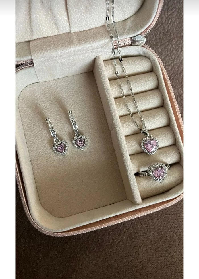 Pembe Taşlı Kolye Ve Yüzük Küpe Setti Sevgililer gününe özel - Görsel 4