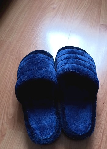 Kadın Mavi Kadife Terlikler, Cırt Cırtlı - Görsel 2