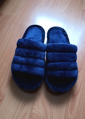 Kadın Mavi Kadife Terlikler, Cırt Cırtlı - Görsel 3