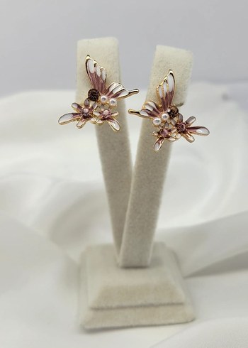 Bej Pul İşlemeli Mini kelebek Küpe - Görsel 2