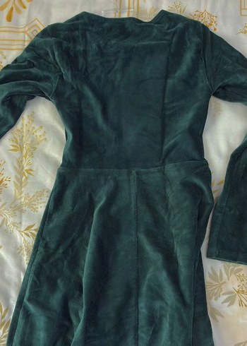 Koyu Yeşil Kadın Uzun Kollu Kadife Elbise S - Görsel 2