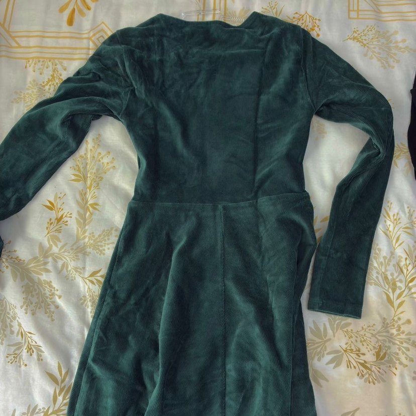 Koyu Yeşil Kadın Uzun Kollu Kadife Elbise S - Görsel 2