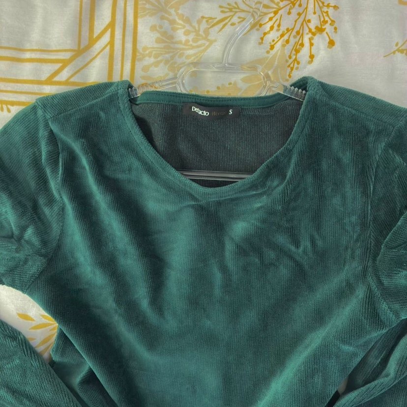 Koyu Yeşil Kadın Uzun Kollu Kadife Elbise S - Görsel 3