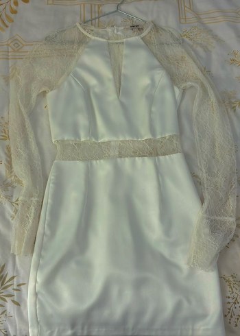 Dantel Detaylı Beyaz Mini Elbise 36 - Görsel 3