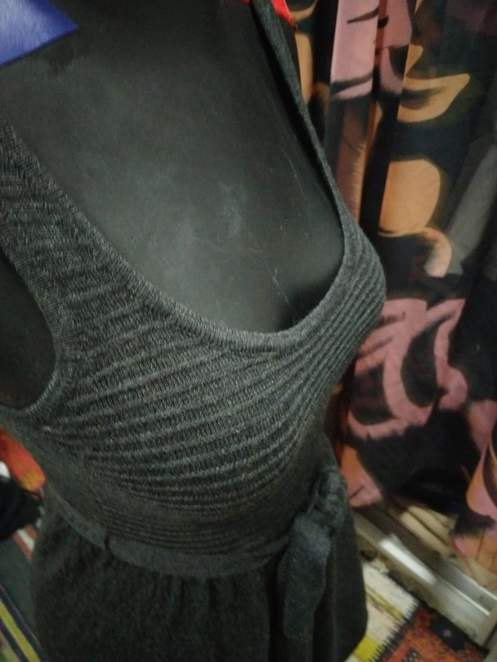 MANGO SUIT Gri Uzun Triko Kolsuz Elbise - Görsel 4