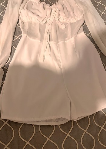 Beyaz Uzun Kollu Straplez Mini Şortlu Tulum - Görsel 3