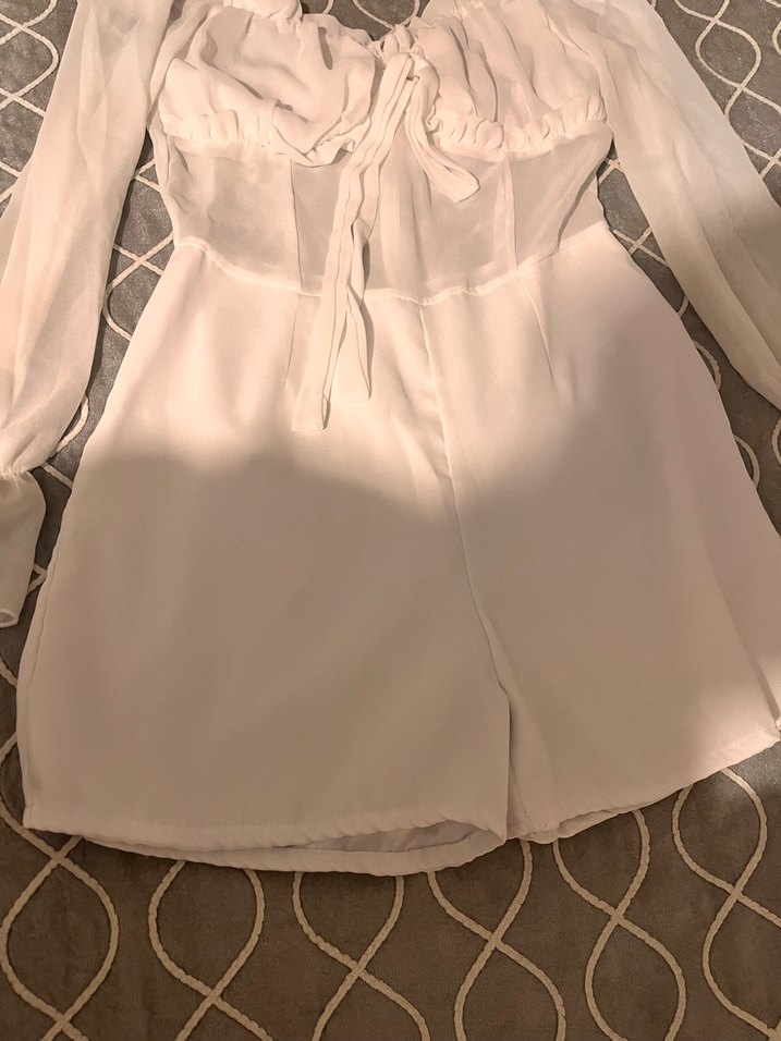 Beyaz Uzun Kollu Straplez Mini Şortlu Tulum - Görsel 3