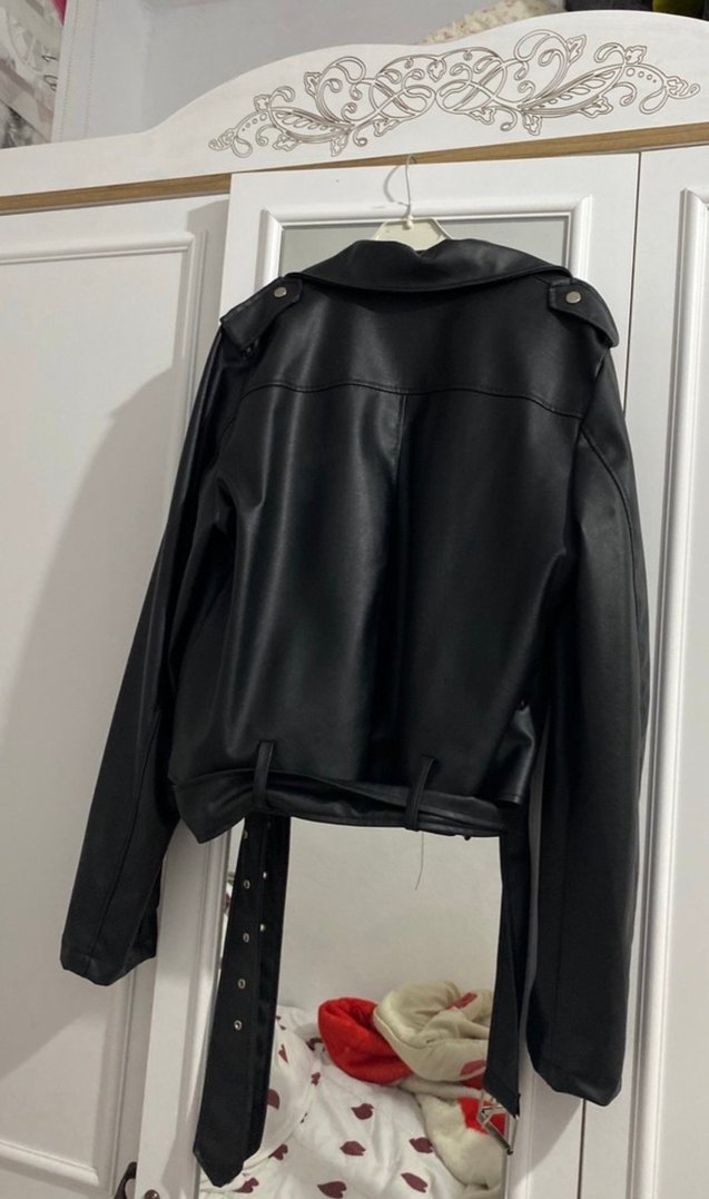 Siyah Kemerli Kadın Biker Deri Ceket - Görsel 2