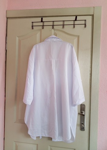 Beyaz Keten Midi Gömlek, Kuşaklı, Uzun Kollu pareo - Görsel 3