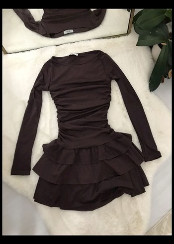 Kahverengi Uzun Kollu Mini Elbise - Görsel 2