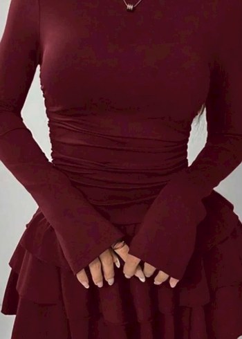 Bordo Uzun Kollu Fırfırlı Mini Elbise - Görsel 2