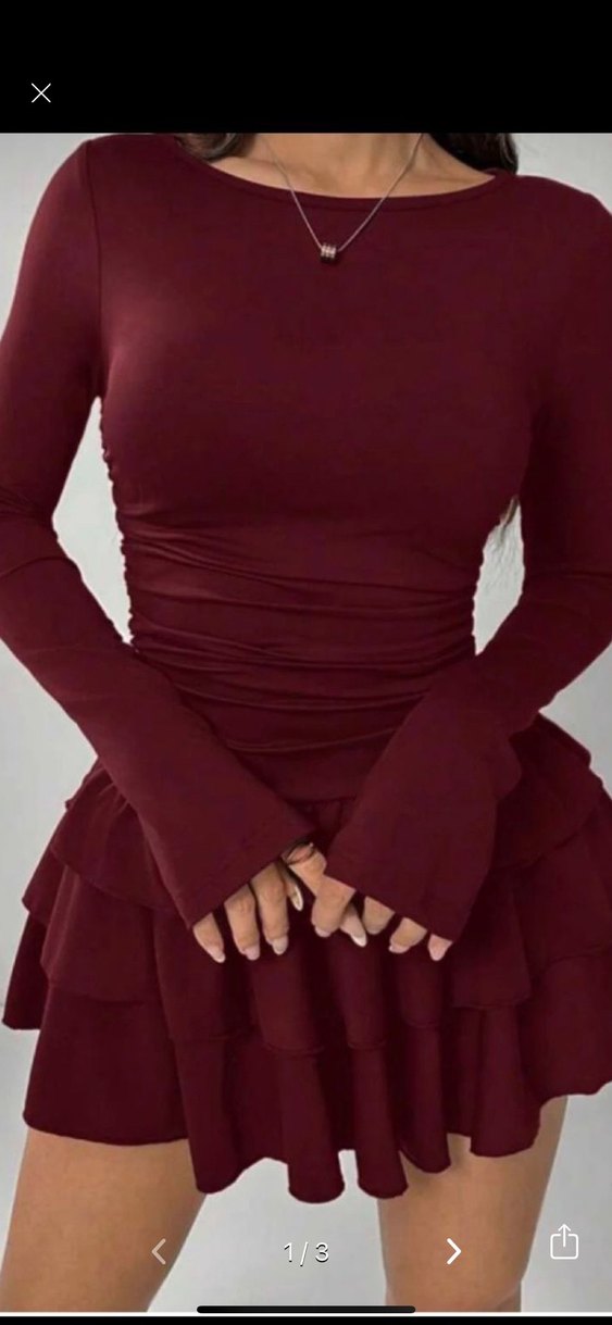 Bordo Uzun Kollu Fırfırlı Mini Elbise - Görsel 2