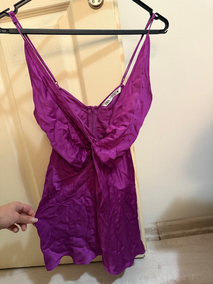 Parlak Mor Saten Midi Kadın bluz - Görsel 2