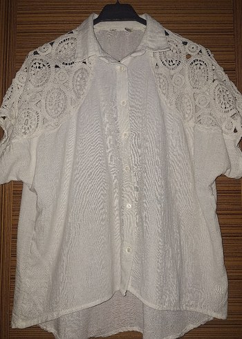 Düğmeli Kısa Kollu Keten Gömlek - Görsel 2