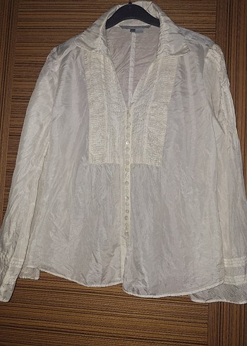 Düğmeli V Yaka Keten Kadın Gömlek - Görsel 3