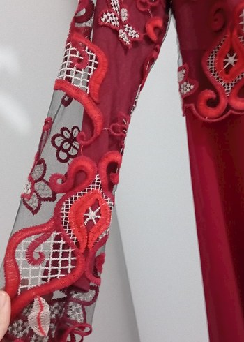 Bordo Uzun Kollu Nakışlı Abiye Elbise - Görsel 3