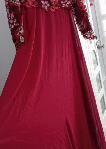 Bordo Uzun Kollu Nakışlı Abiye Elbise - Görsel 2