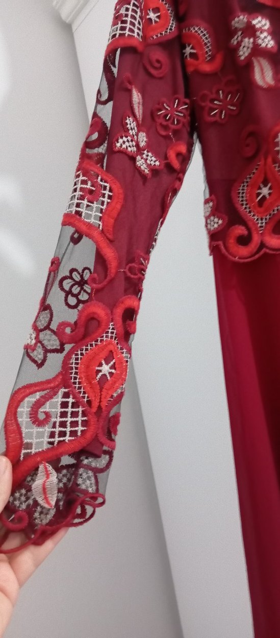 Bordo Uzun Kollu Nakışlı Abiye Elbise - Görsel 3