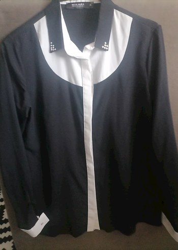 Siyah Beyaz Uzun Kollu Kadın Gömlek - Görsel 2