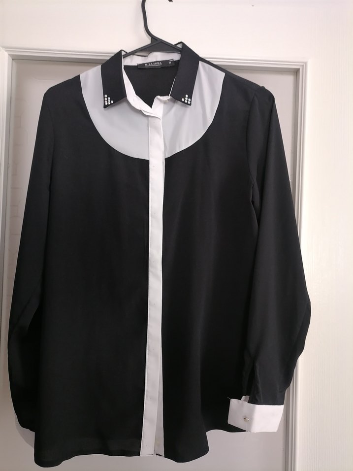 Siyah Beyaz Uzun Kollu Kadın Gömlek - Görsel 3