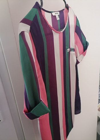 Çizgili, Kısa Kollu, Salaş Kadın Bluz - Görsel 2