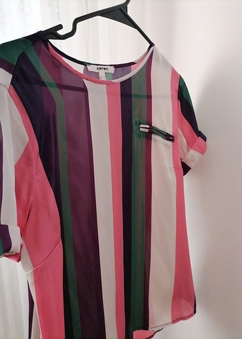 Çizgili, Kısa Kollu, Salaş Kadın Bluz - Görsel 6
