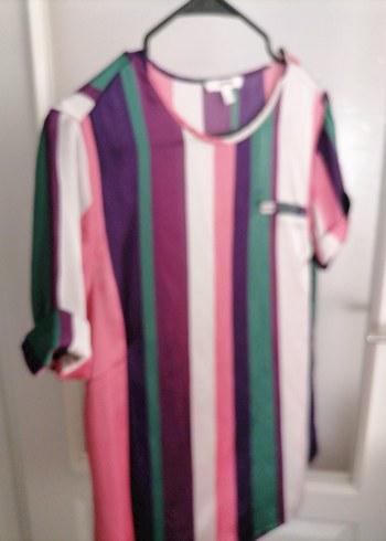 Çizgili, Kısa Kollu, Salaş Kadın Bluz - Görsel 5