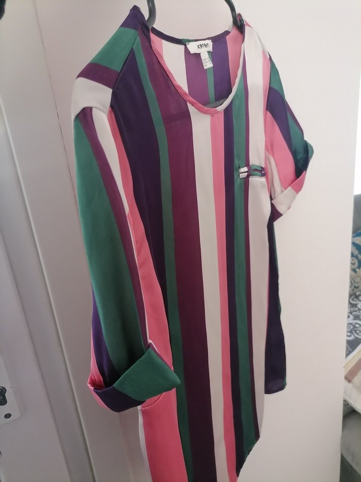 Çizgili, Kısa Kollu, Salaş Kadın Bluz - Görsel 2